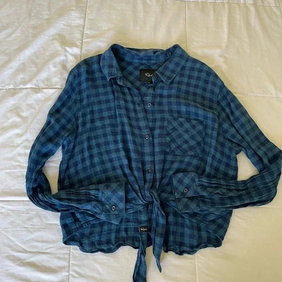 Rails plaid Val indigo coast linen blend front tie button down shirt - Picture 4 of 11